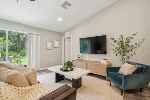 Living room with sofa, armchair and TV